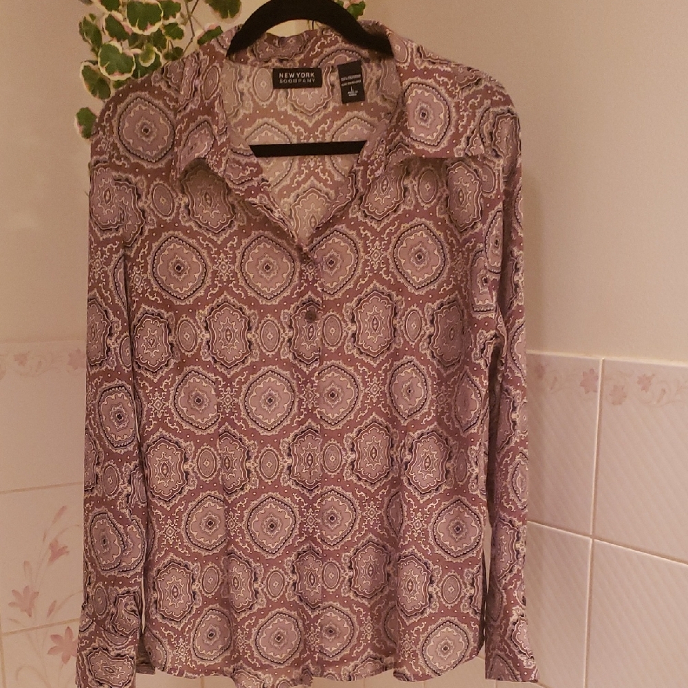 New York & Company Brown & Tan Long Sleeve Notched Collar Blouse